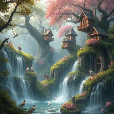 The primary subject of the image is a group of birds, including ducks, perched on a tree branch near a waterfall. The setting is a forest with a waterfall, and the visual style is a digital art illustration. The colors and mood of the image are vibrant and lively, with the waterfall adding a sense of movement and energy to the scene.